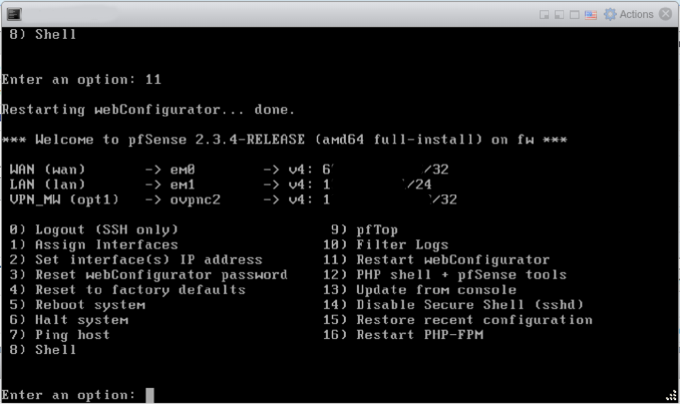 Pfsense running in the VMware console