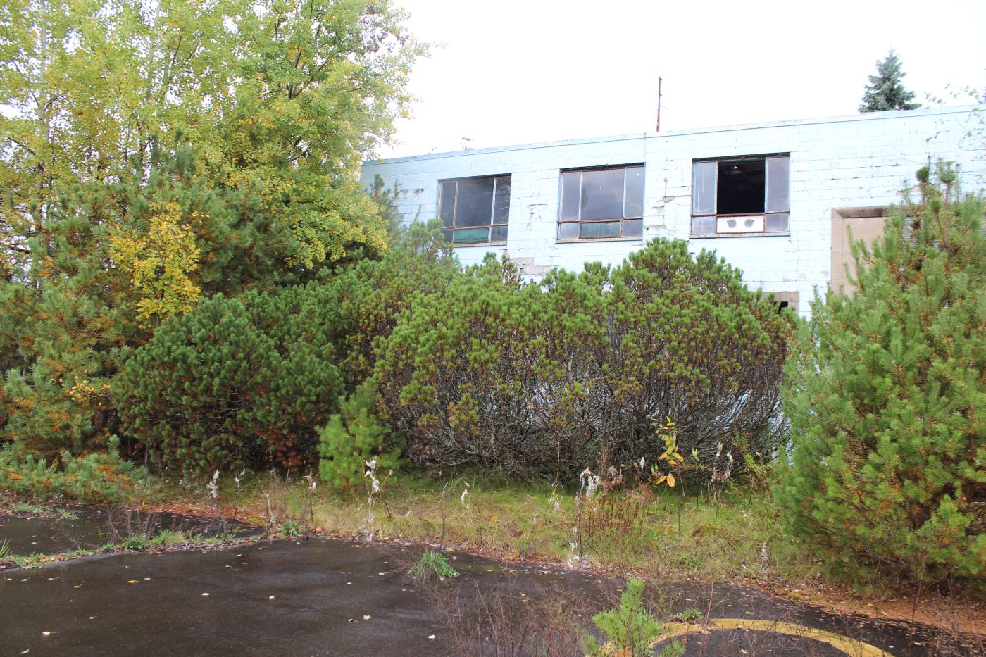 One of the few two-story buildings, with major fire damage inside.