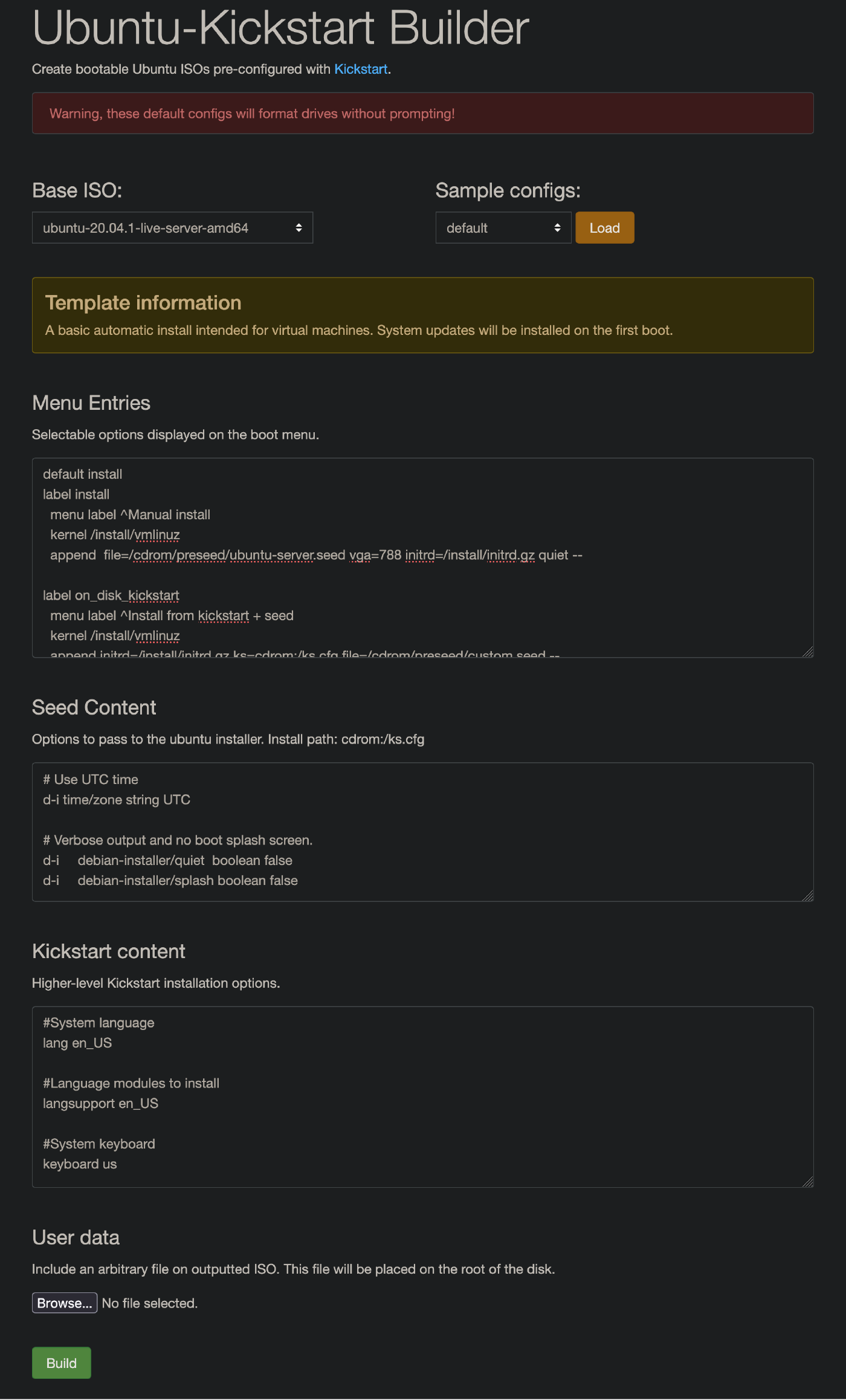 Kickstart Builder main UI screenshot